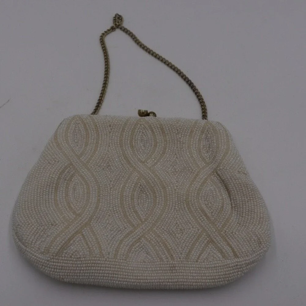 Richere Vintage Beaded White Evening Clutch Purse With Chain